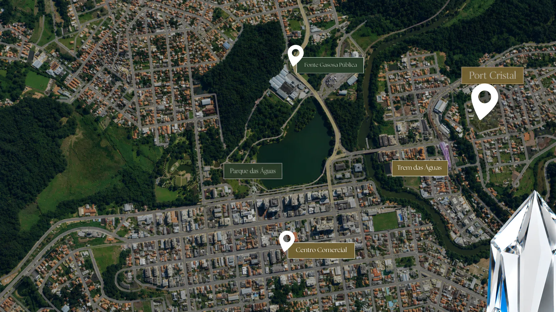 Mapa de localização do Port Cristal em São Lourenço, próximo ao Trem das Águas, Parque das Águas e centro comercial